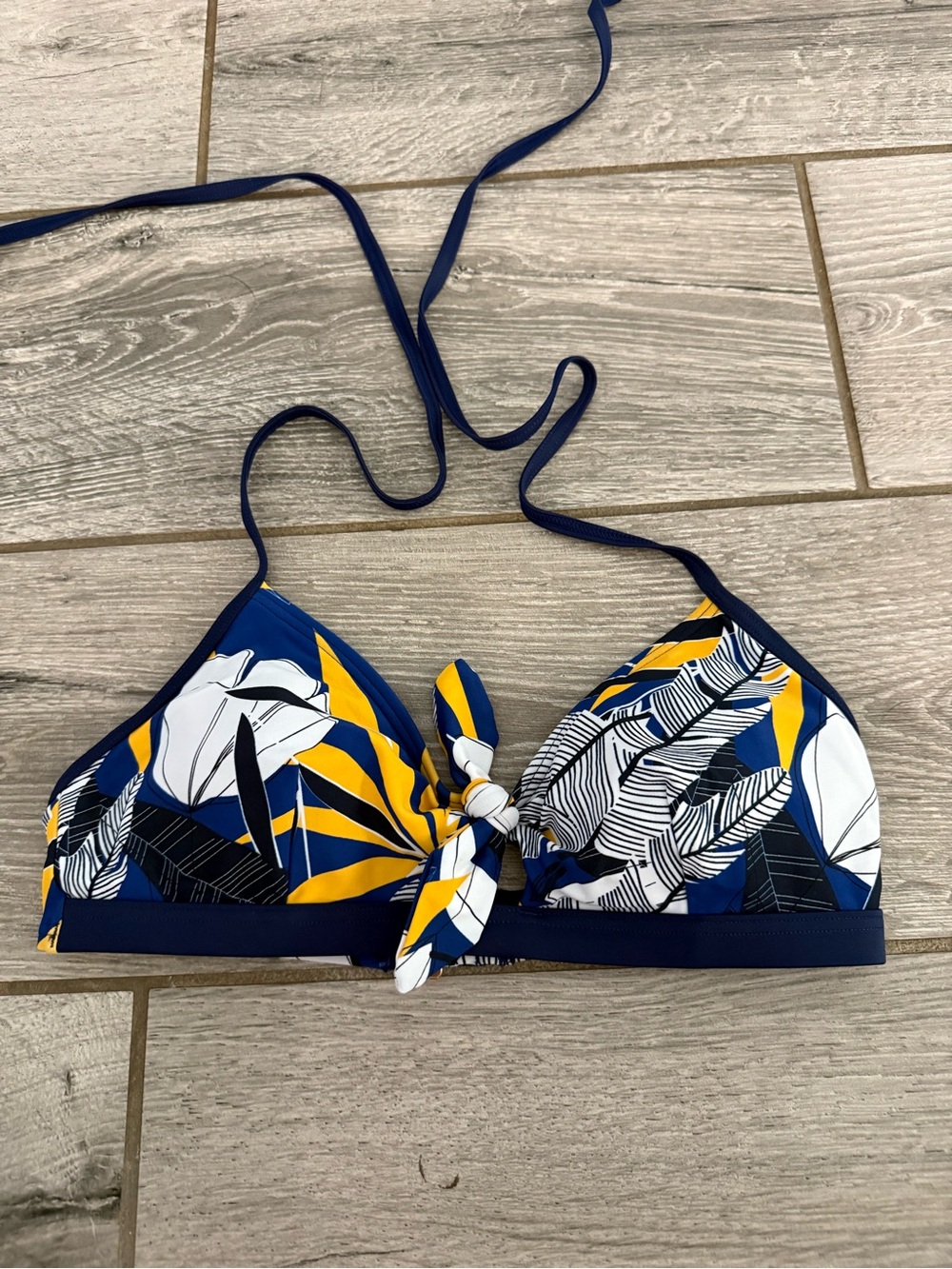 Tropical Navy & Yellow Floral Tie-Front Bikini Top size M